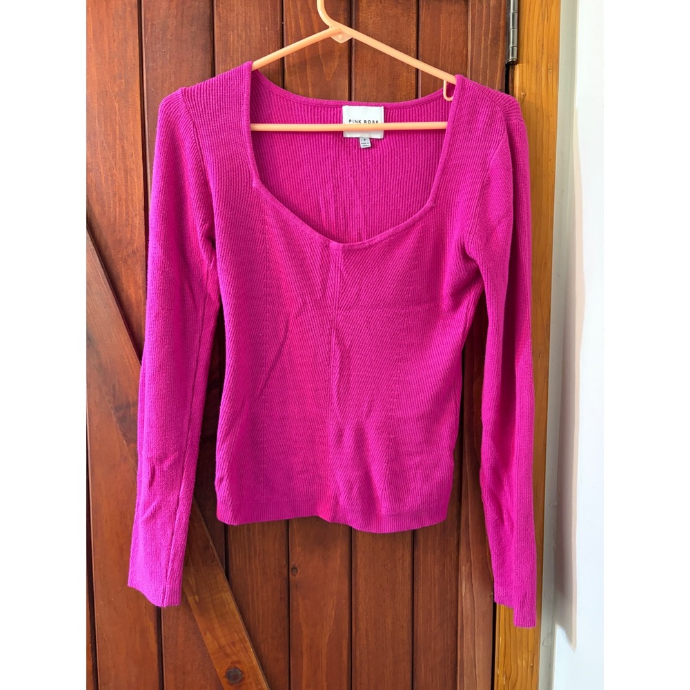 Pink Rose Fuchsia Pink Ribbed Knit Sweetheart Neck Long Sleeve Sweater Medium